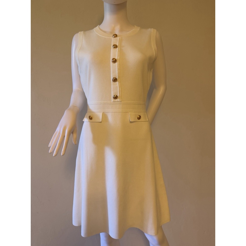MEROKEETY Women's White Knit Sleeveless Sweater Dress With Golden Buttons Size S